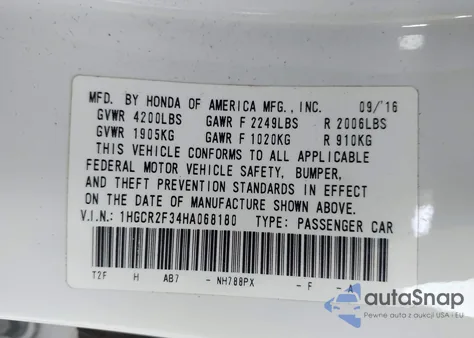 2017 Honda Accord Lx z USA, uszkodzony, nr VIN 1HGCR2F34HA068180